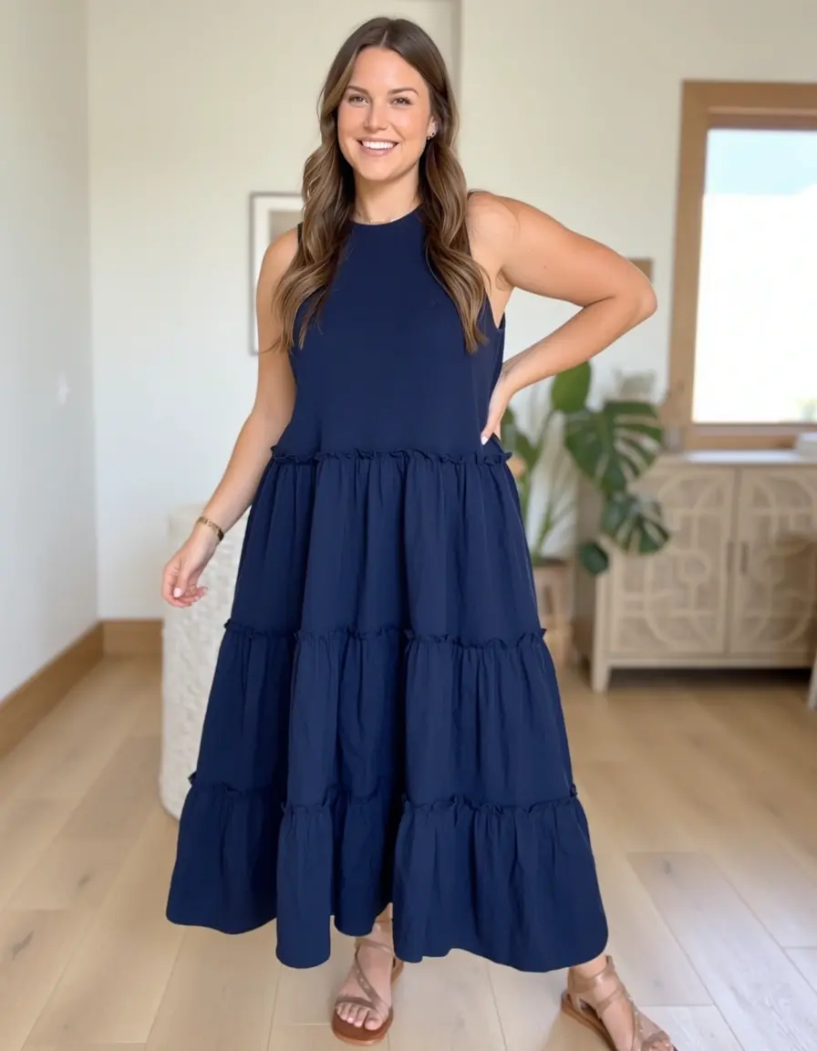 Ruffle Midi Dress blu navy elegante