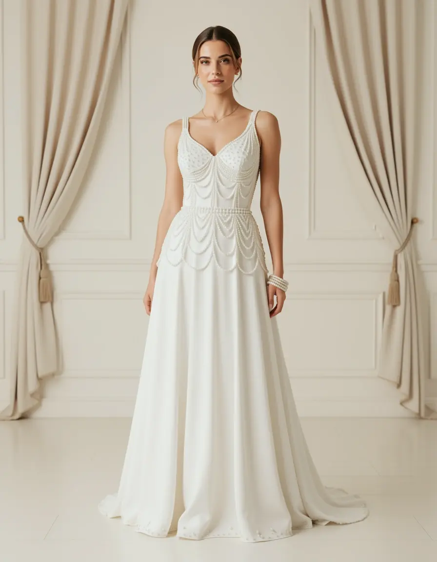 Abito midi bianco con dettagli in perle