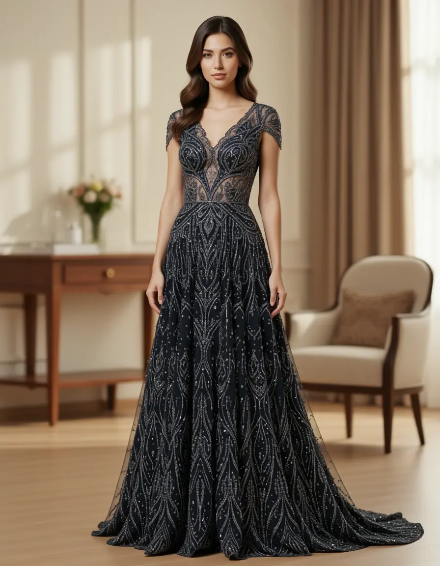 Vestito lungo con perline eleganti