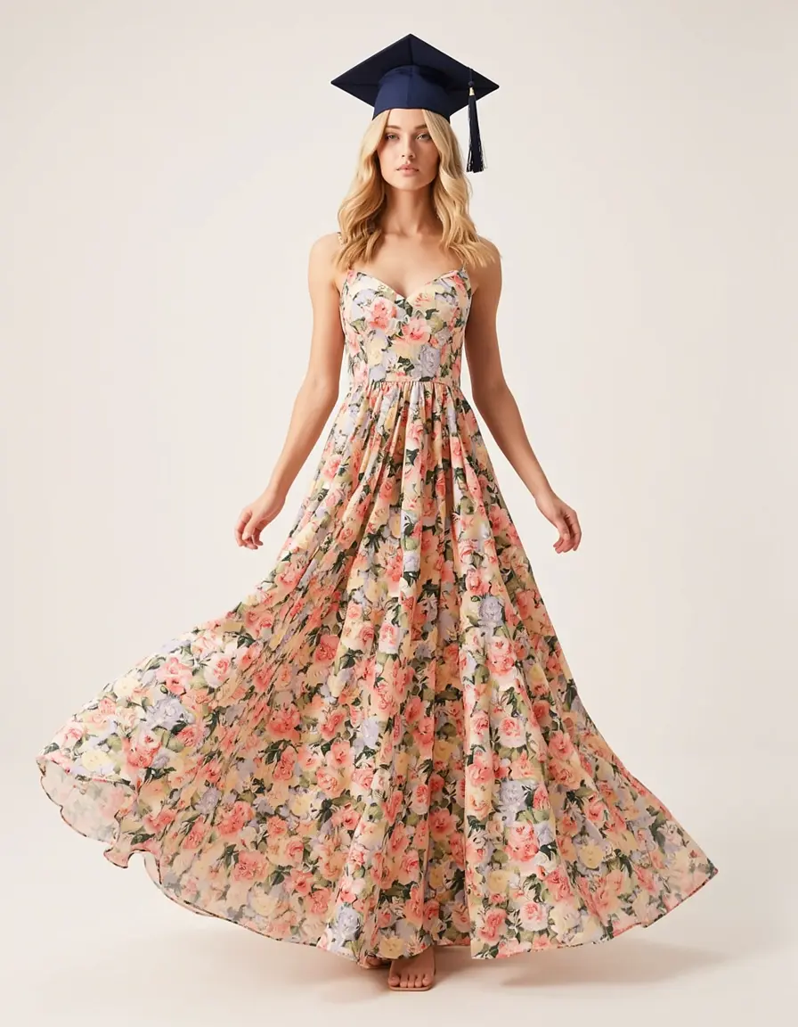 Flowy floral long graduation dress