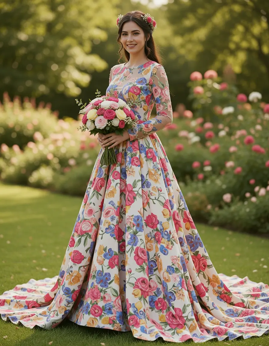 Vibrant floral long wedding dress