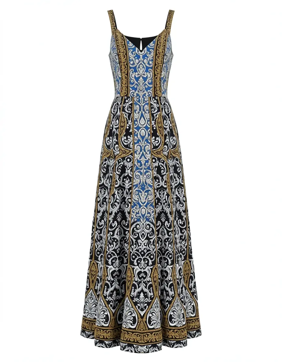Vestito con pattern mix blu nero oro bianco