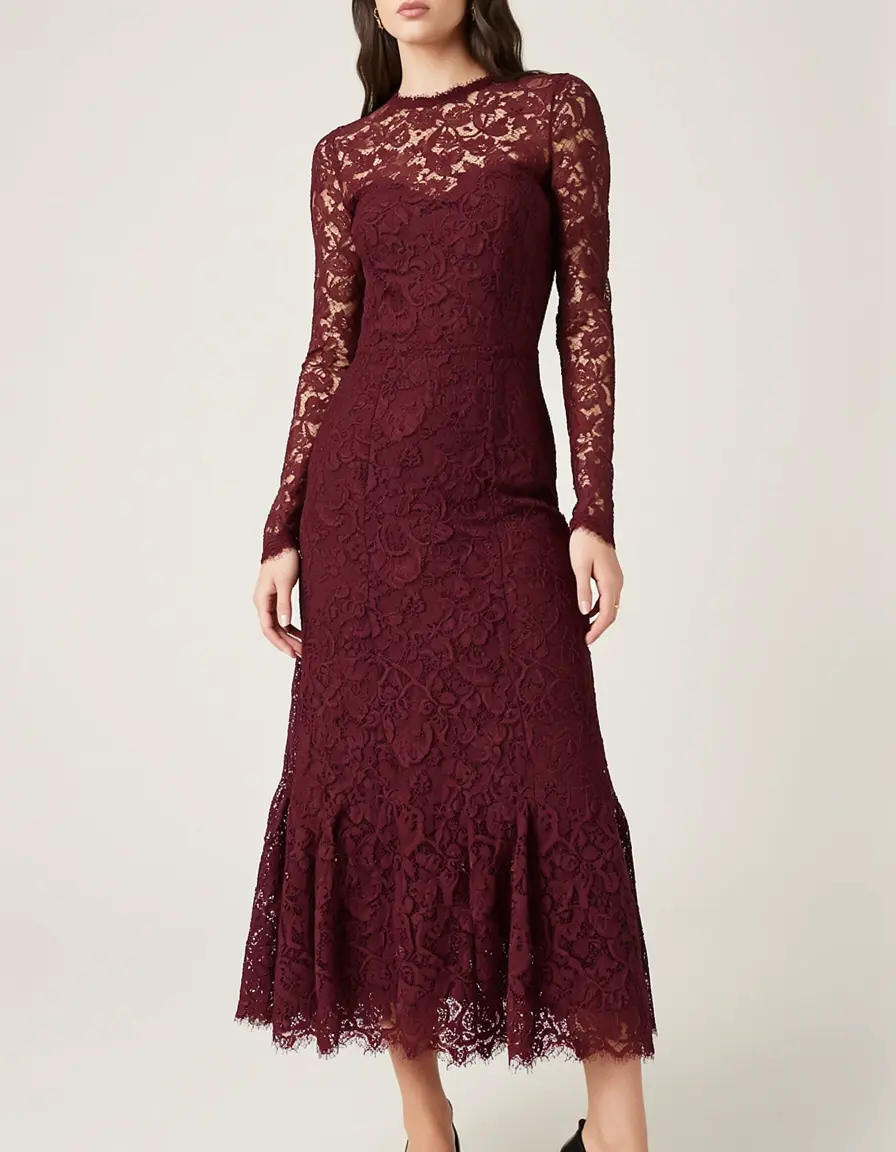Bordeaux Lace Midi Dress in pizzo