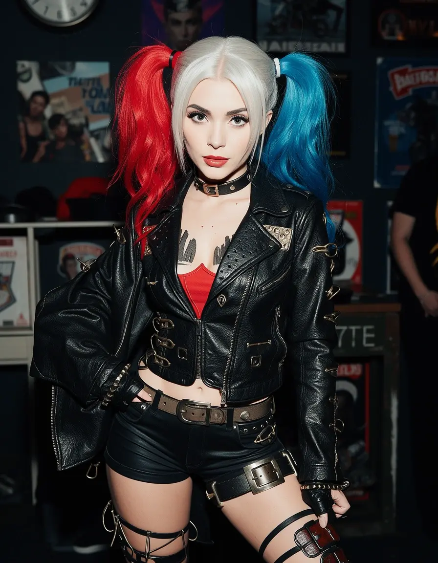 Outfit Harley Quinn in pelle nera e rossa