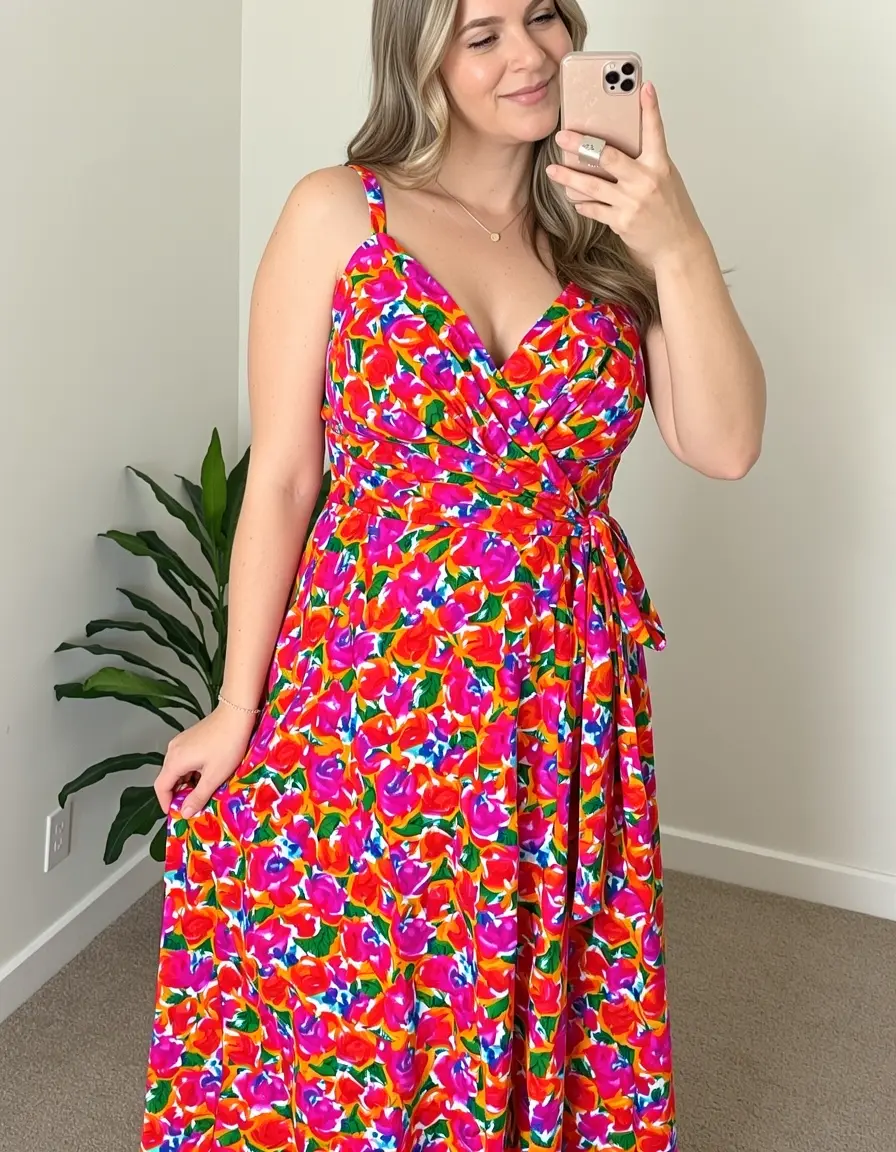 Vibrant floral wrap dress for wedding