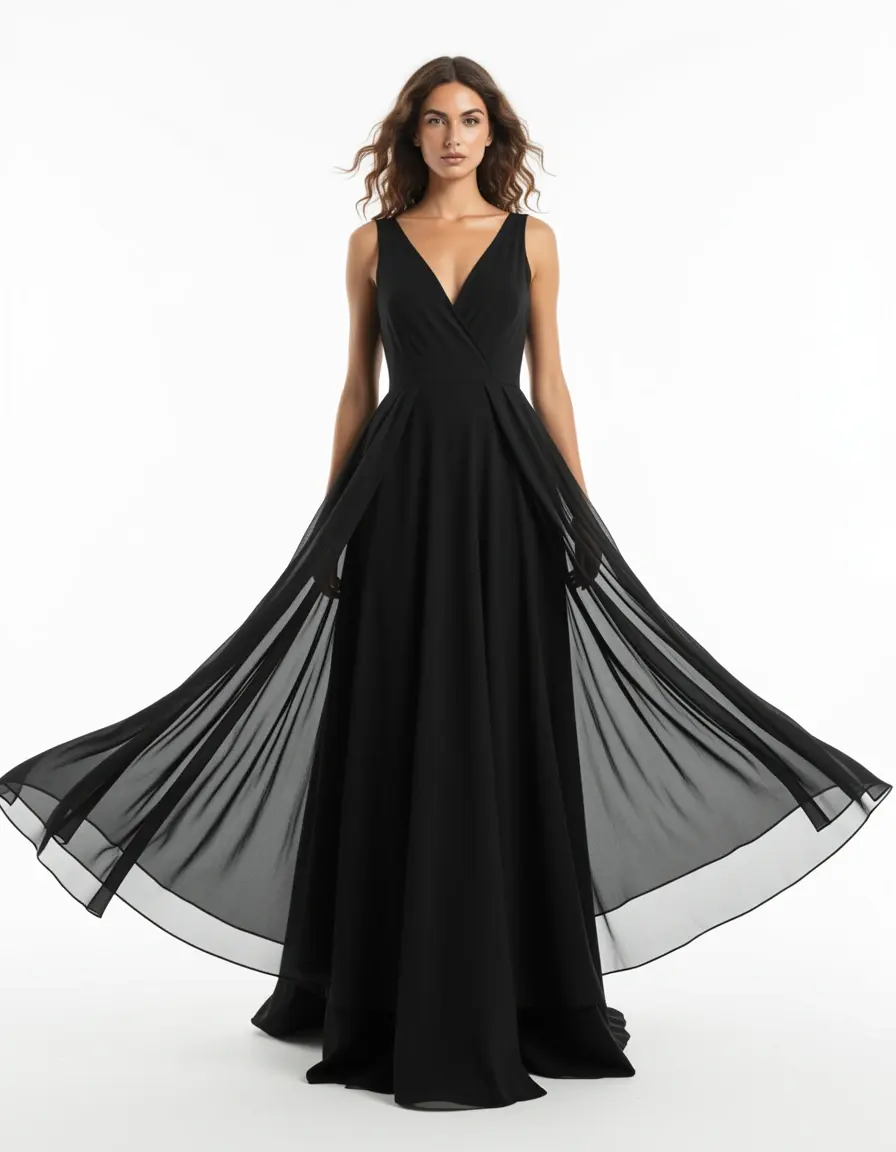 Vestito nero lungo in chiffon leggero
