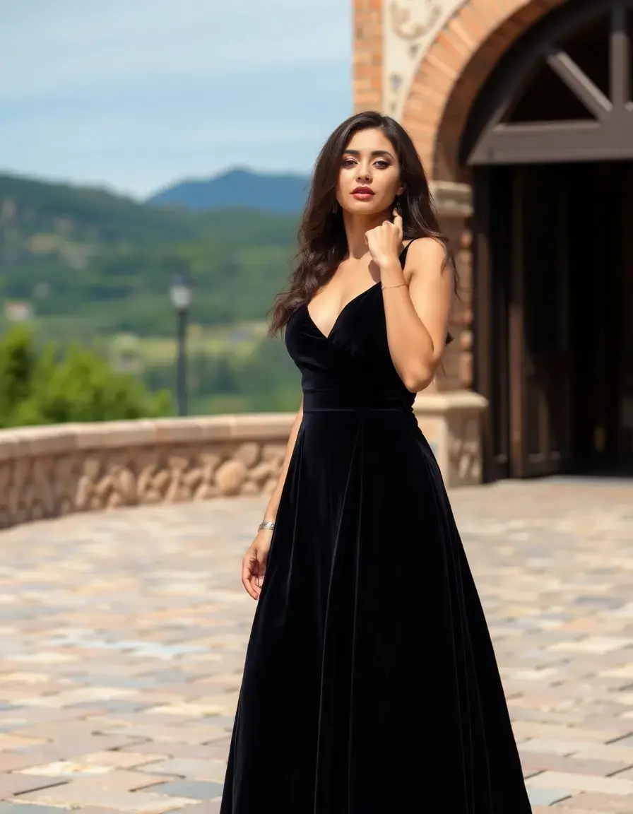 Vestito nero lungo in velluto pregiato