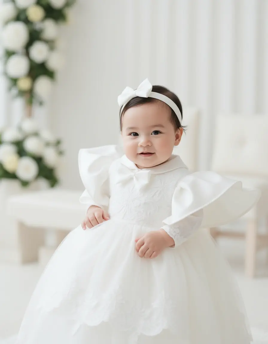 Elegante abito bianco modesto per battesimo