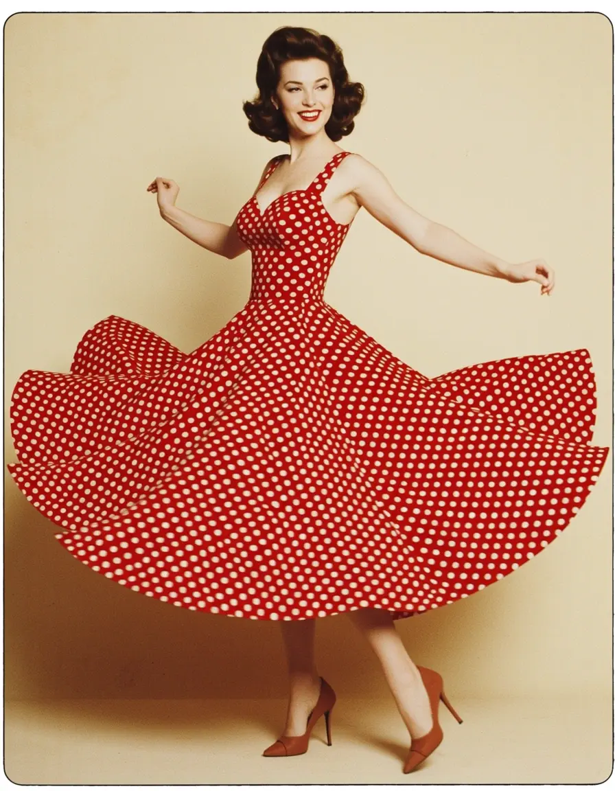 Donna con vestito rosso a pois anni 60 swing