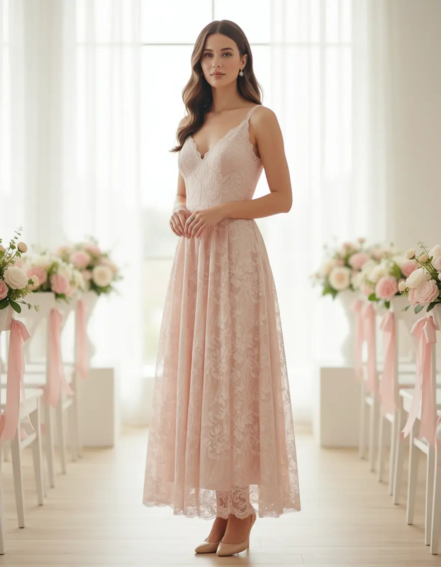 Vestito midi in pizzo pastello per battesimo donna