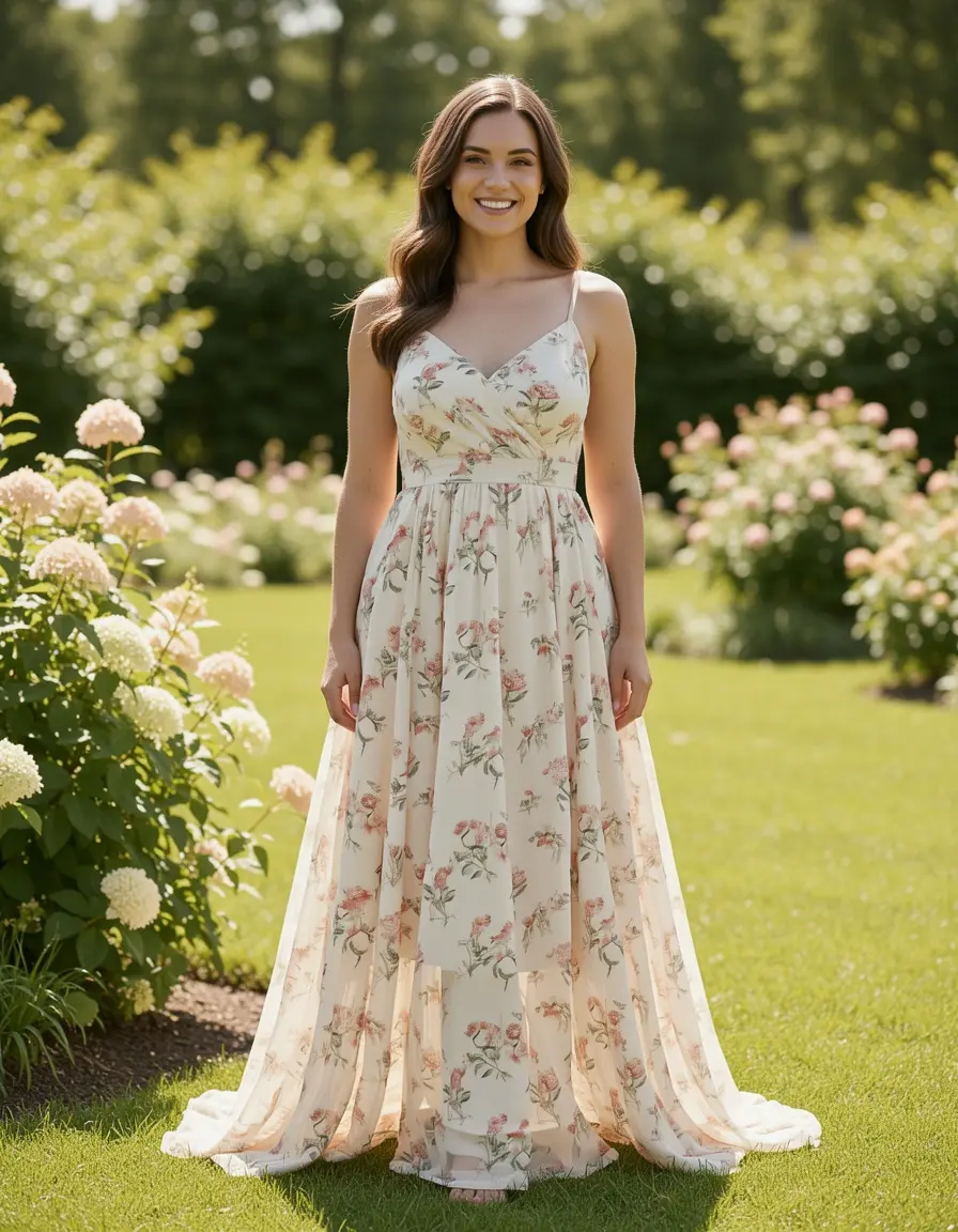 Vestito in chiffon floreale donna per battesimo all'aperto