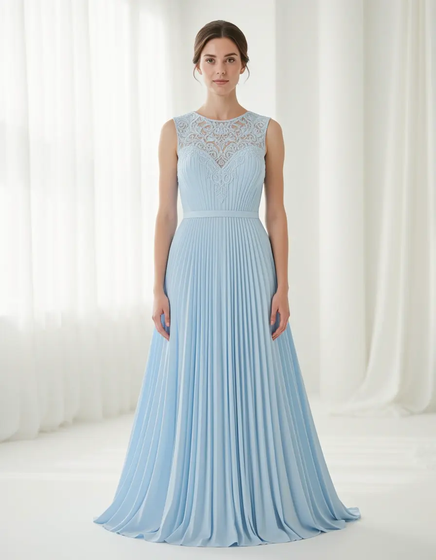 Vestito smanicato plissettato celeste elegante