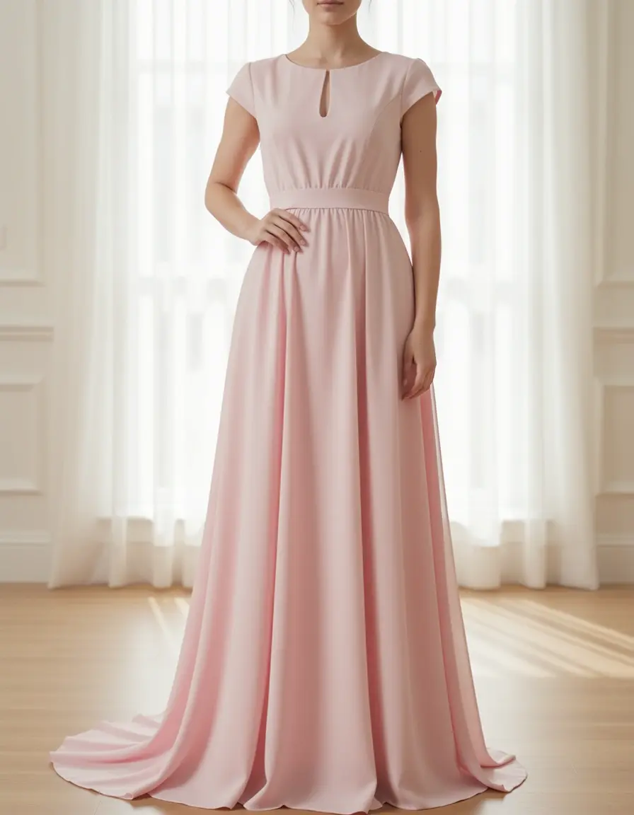 Vestito tea length rosa pastello con maniche a calotta