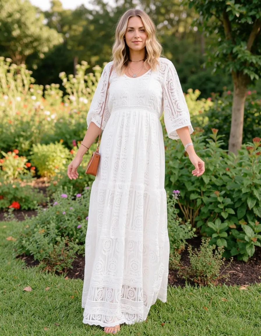 Vestito lungo in pizzo stile bohémien bianco