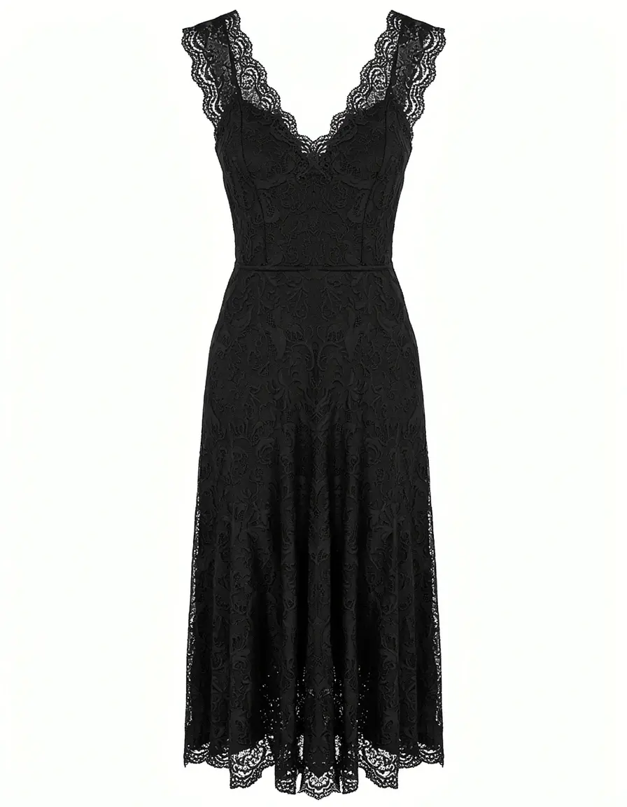 Elegante vestito nero in pizzo con bordi a festone