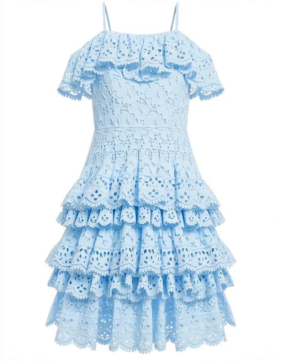 Vestito azzurro con balze in pizzo e design giocoso