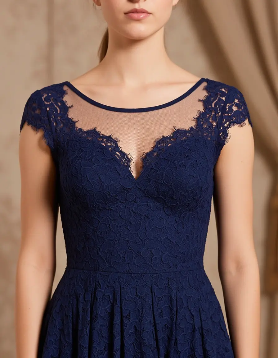 Vestito navy in pizzo con scollatura a illusione formale