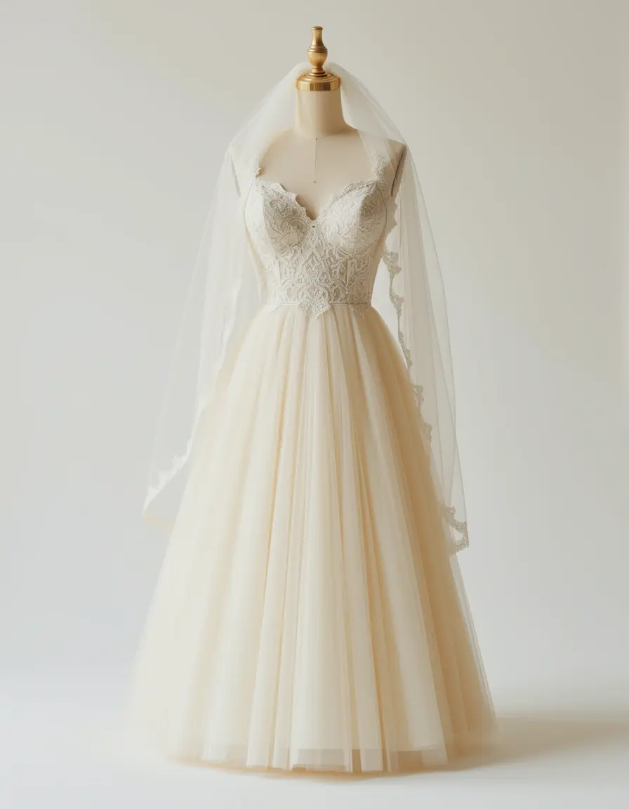 Vestito sposa tea length in tulle avorio