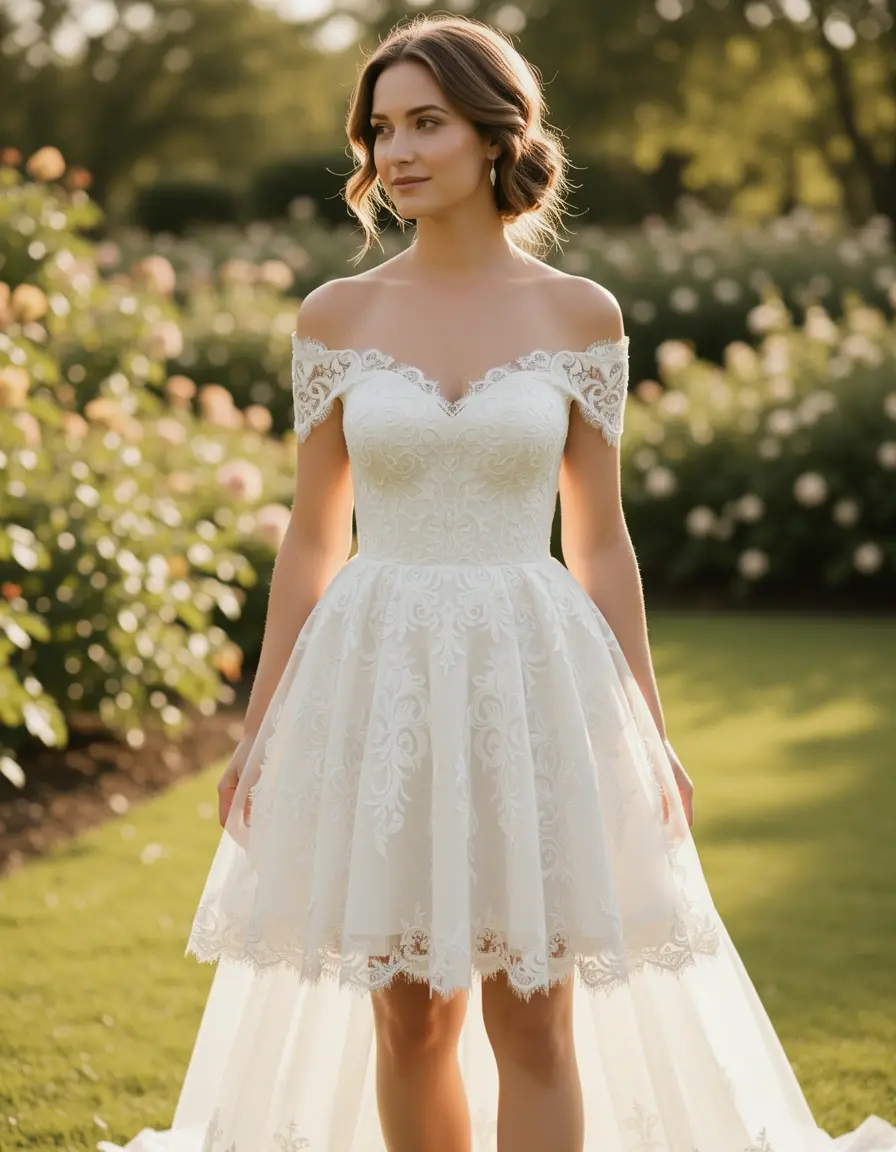 Vestito corto sposa spalle scoperte in pizzo