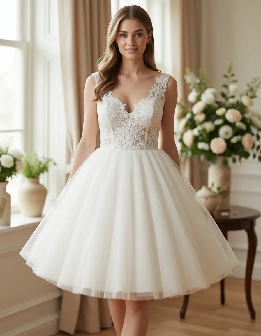 Mini abito sposa fit and flare con gonna in tulle