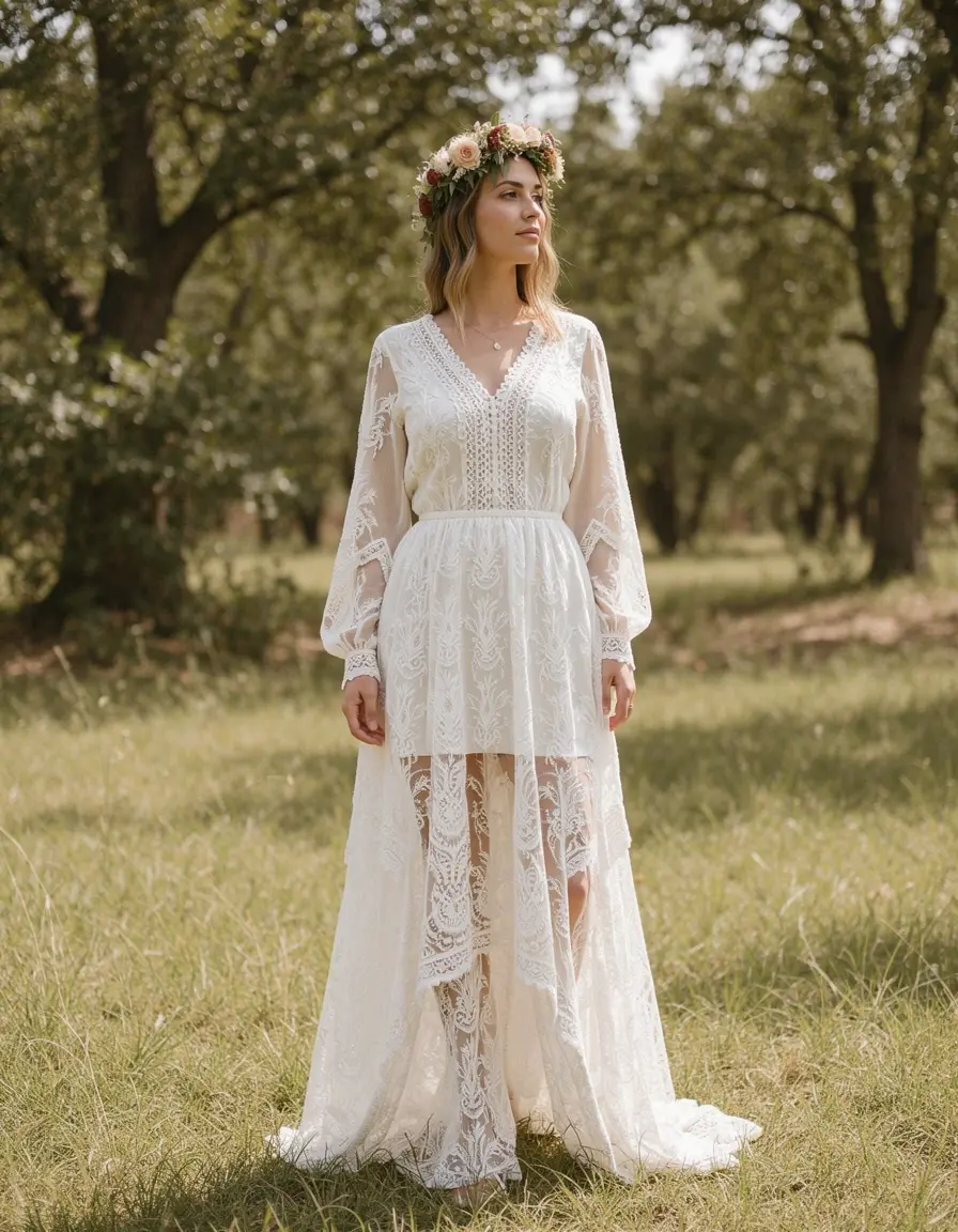 Abito sposa corto stile boho con dettagli in pizzo