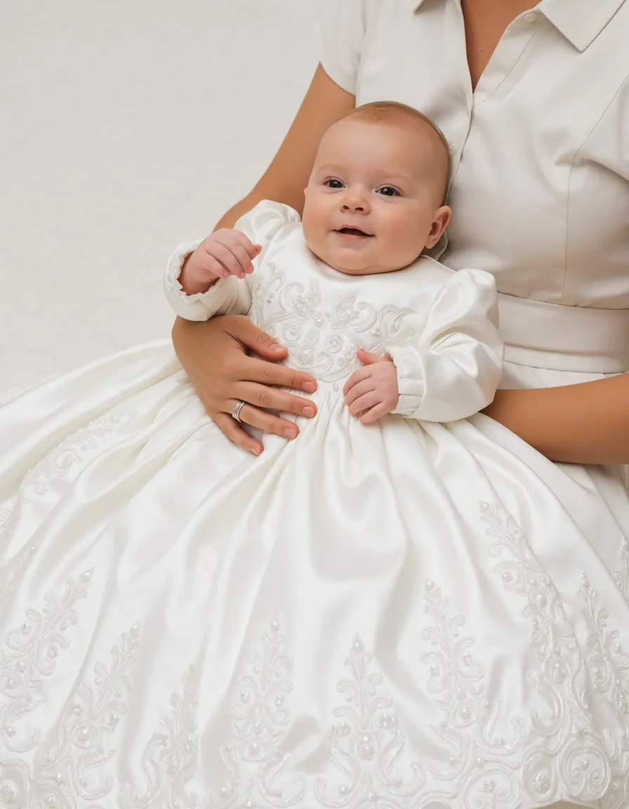 Embroidered Satin Dress - Abito battesimo raso ricamato