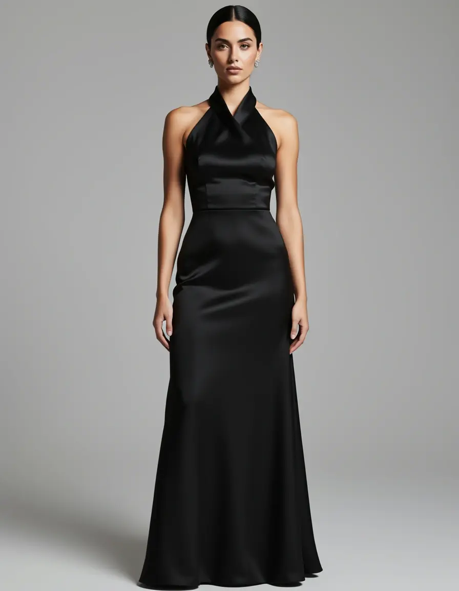 Abito da cerimonia nero in raso con scollo halter