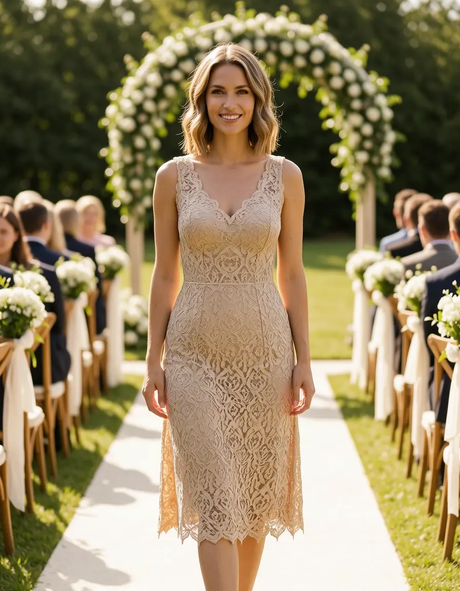 Lace Knee-Length Dress - Abito in pizzo beige al ginocchio