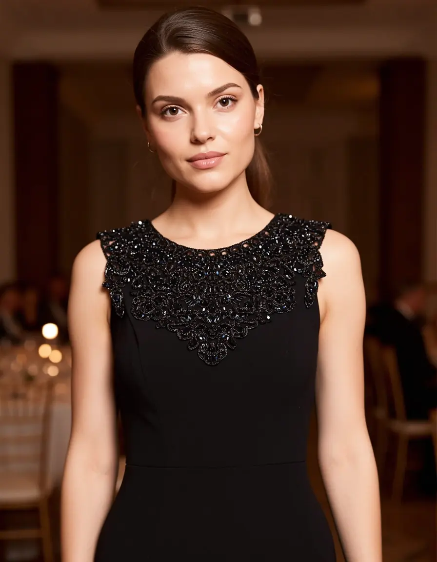 Beaded Neckline Dress - Abito nero con scollo decorato