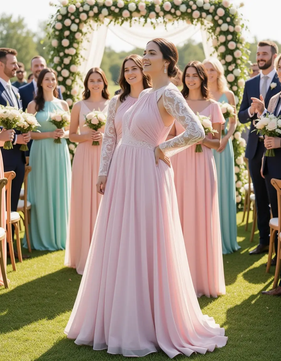 Vestito midi in chiffon pastello per invitata matrimonio