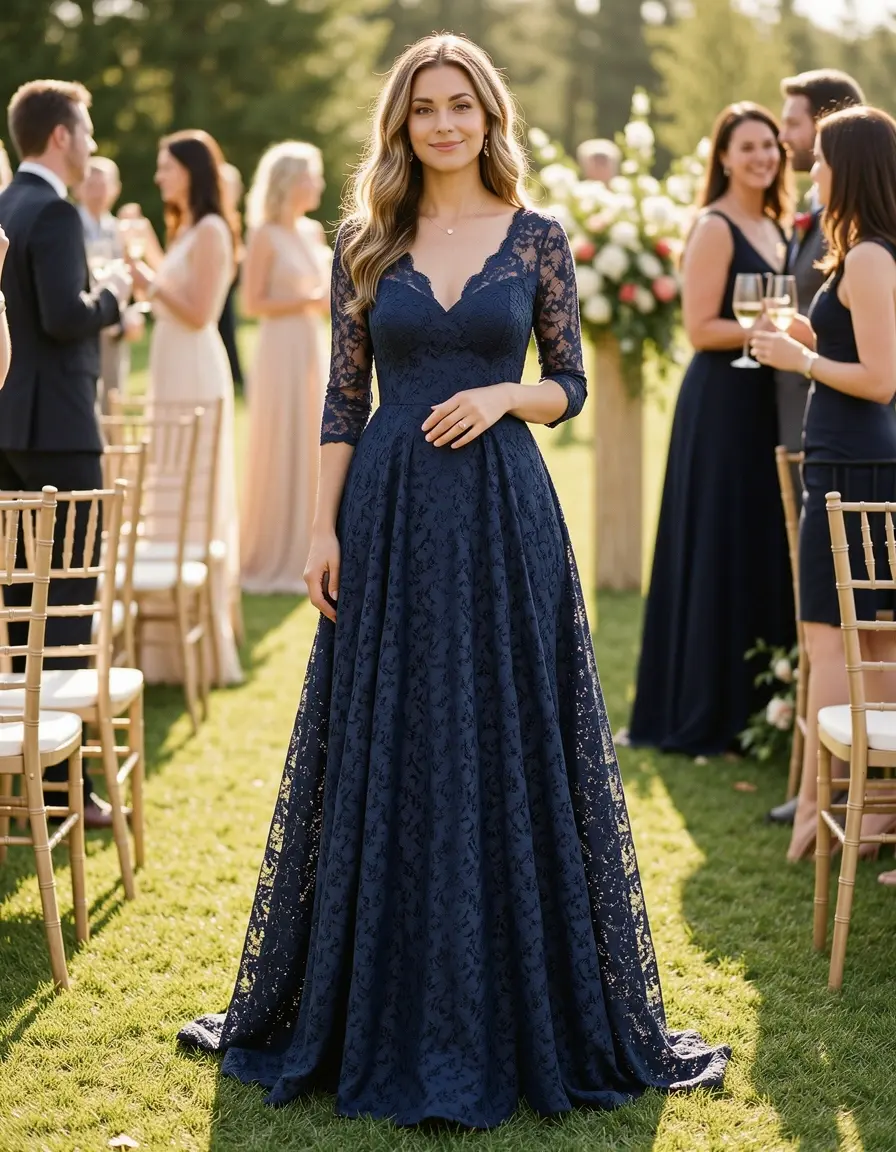 Tubino elegante in pizzo blu navy per cerimonia