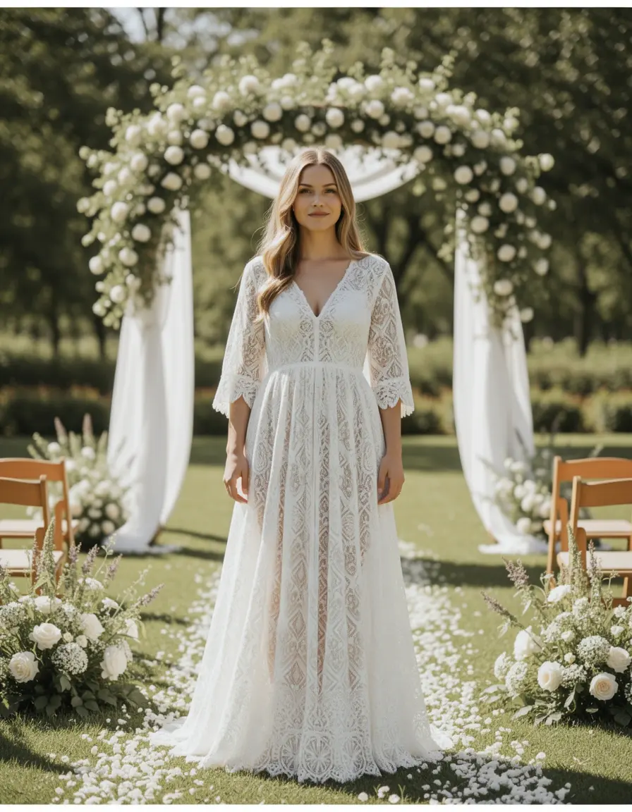 Abito in pizzo bohémien per matrimonio all'aperto
