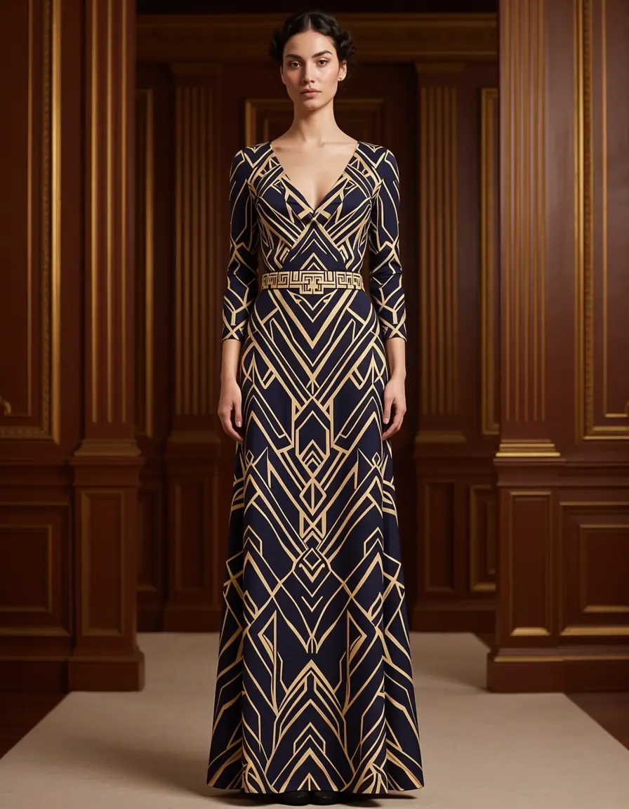 Art Deco Maxi dress blu navy con motivi geometrici