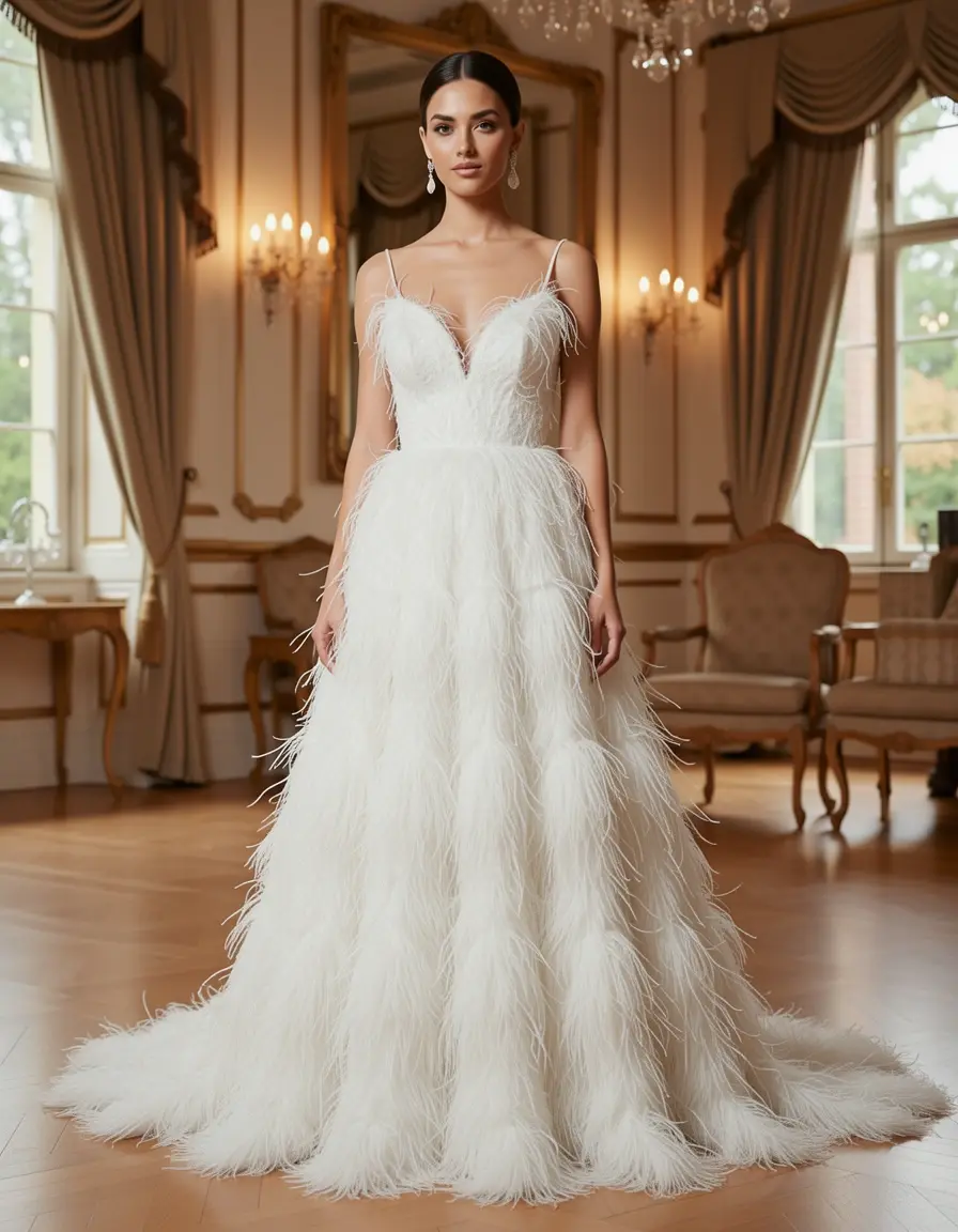 Feather Trim Dress bianco con piume ed elegante