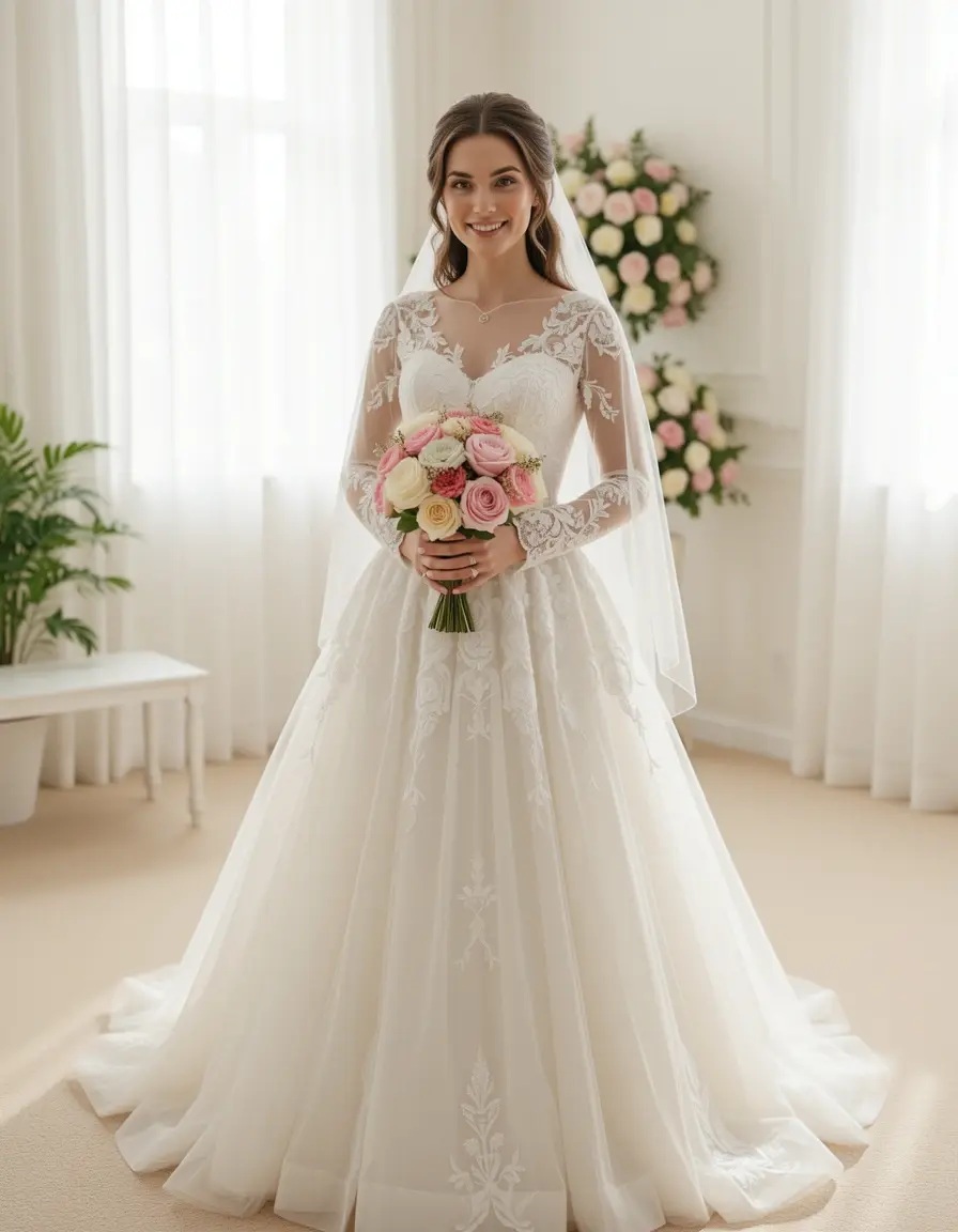 Abito in organza con applicazioni floreali