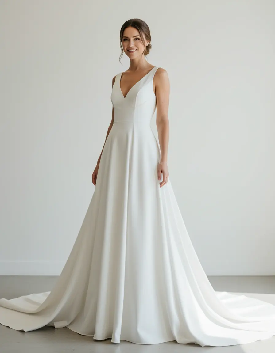 Abito da sposa minimalista con scollo a V e strascico lungo