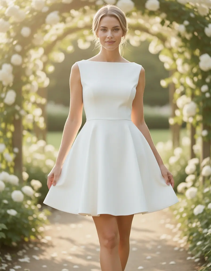 Vestito da sposa semplice corto con scollo a barchetta