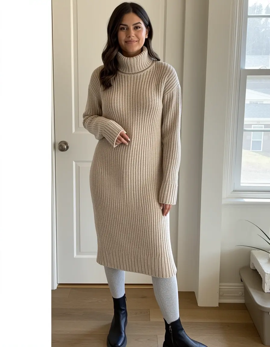 Vestito di maglia beige a collo alto
