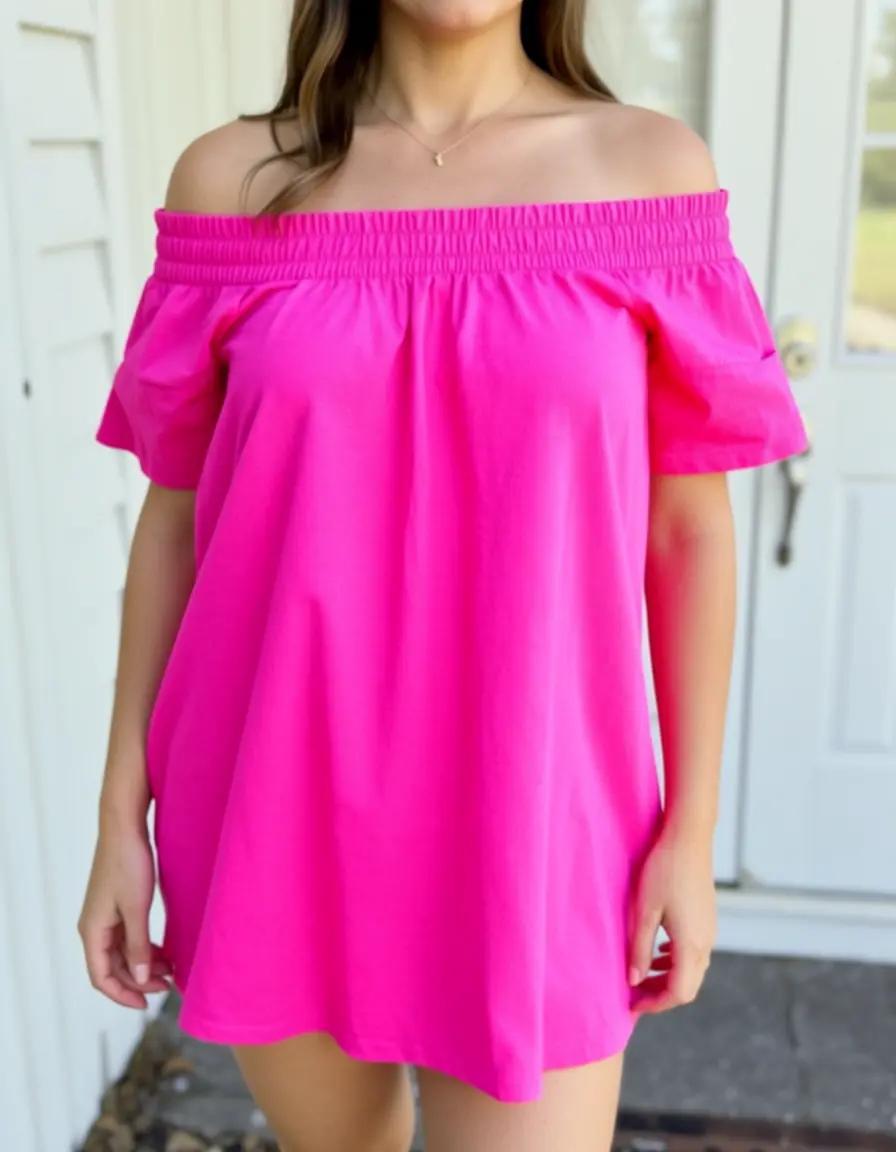 Abito rosa scollato sulle spalle estivo