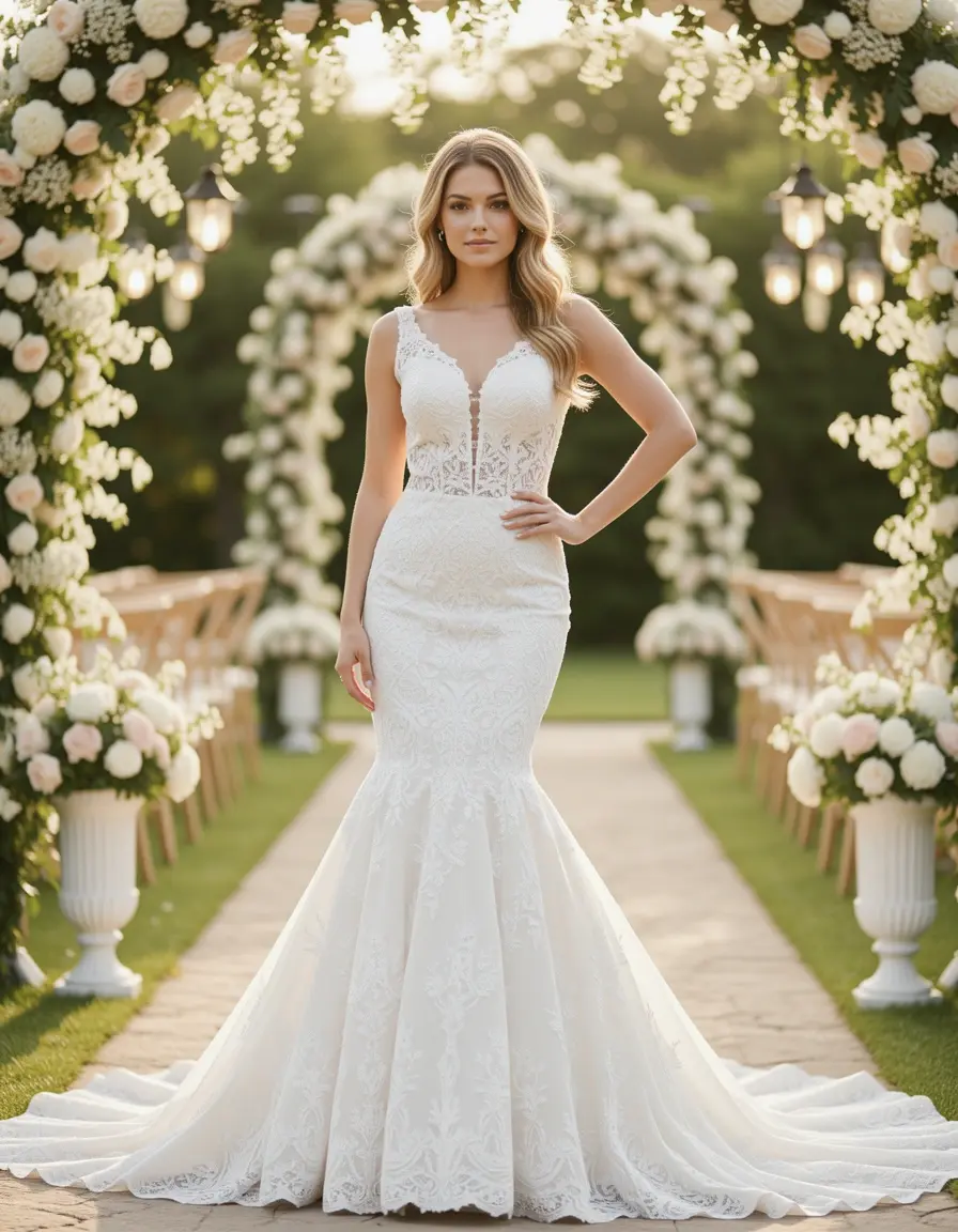 Vestito di matrimonio a sirena in pizzo bianco
