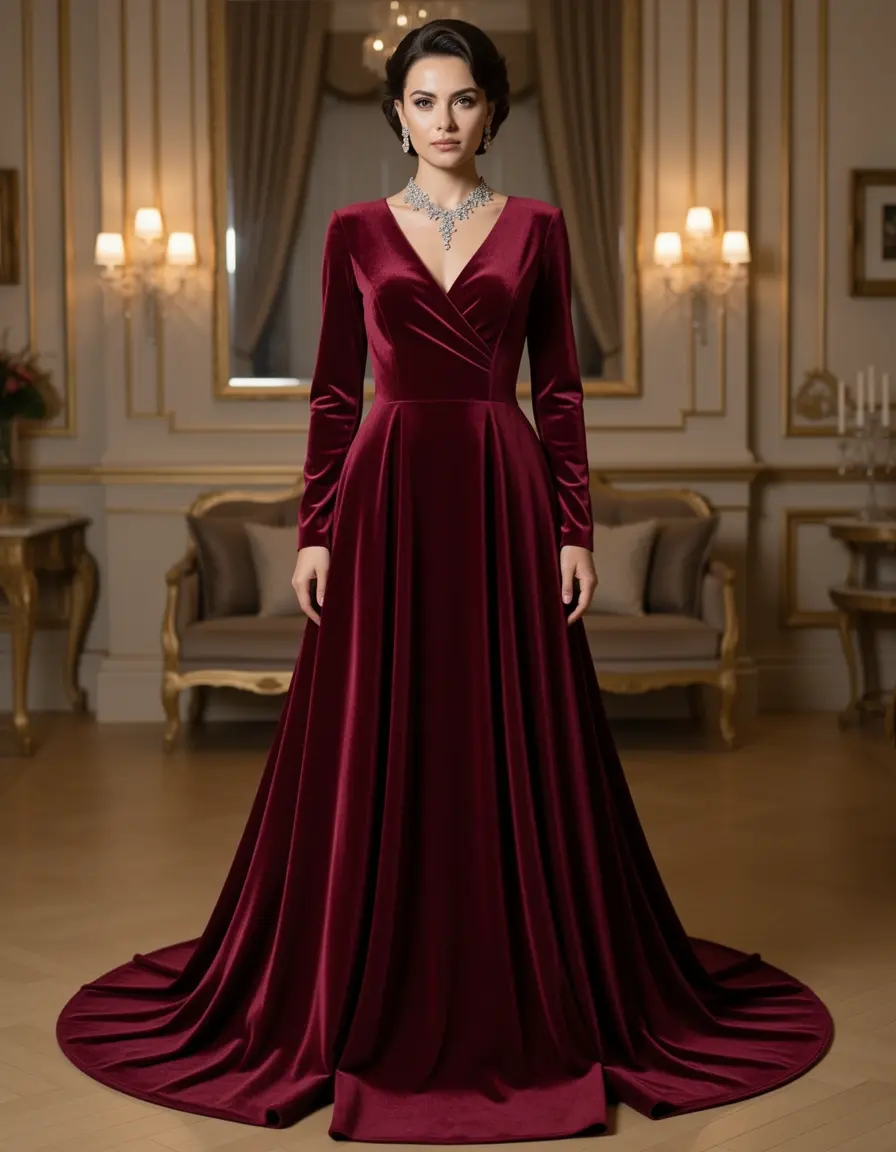 Vestito invernale in velluto bordeaux lussuoso