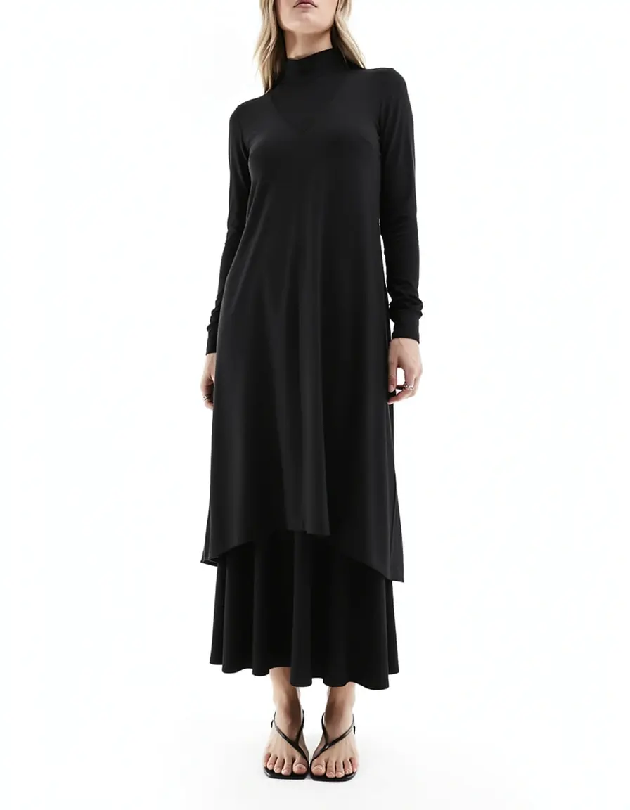 Vestito midi nero a maniche lunghe