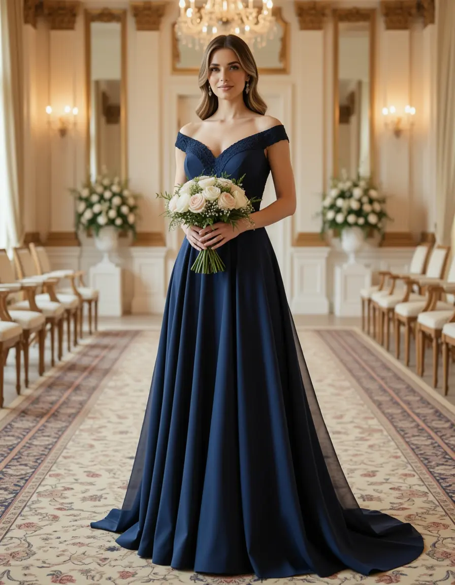 Vestito donna per cerimonia lungo blu navy elegante