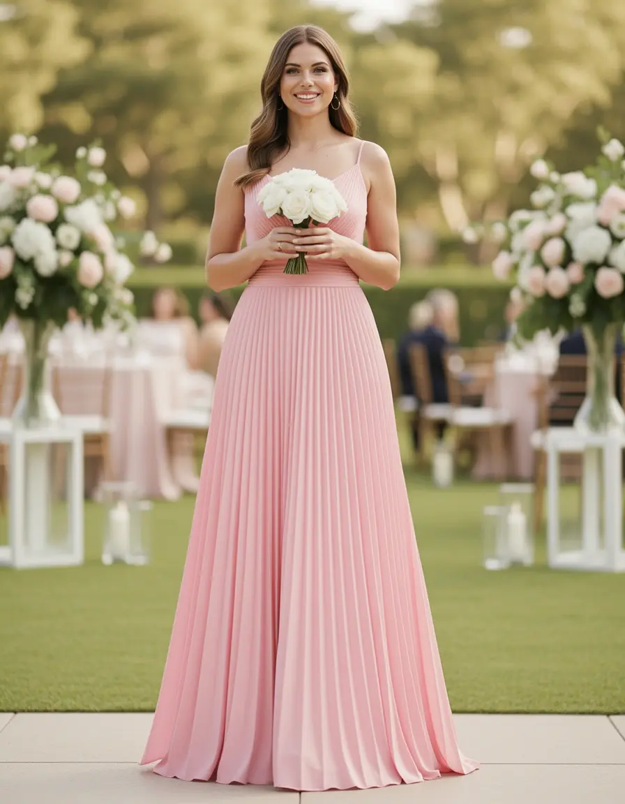 Abito maxi plissettato rosa cipria