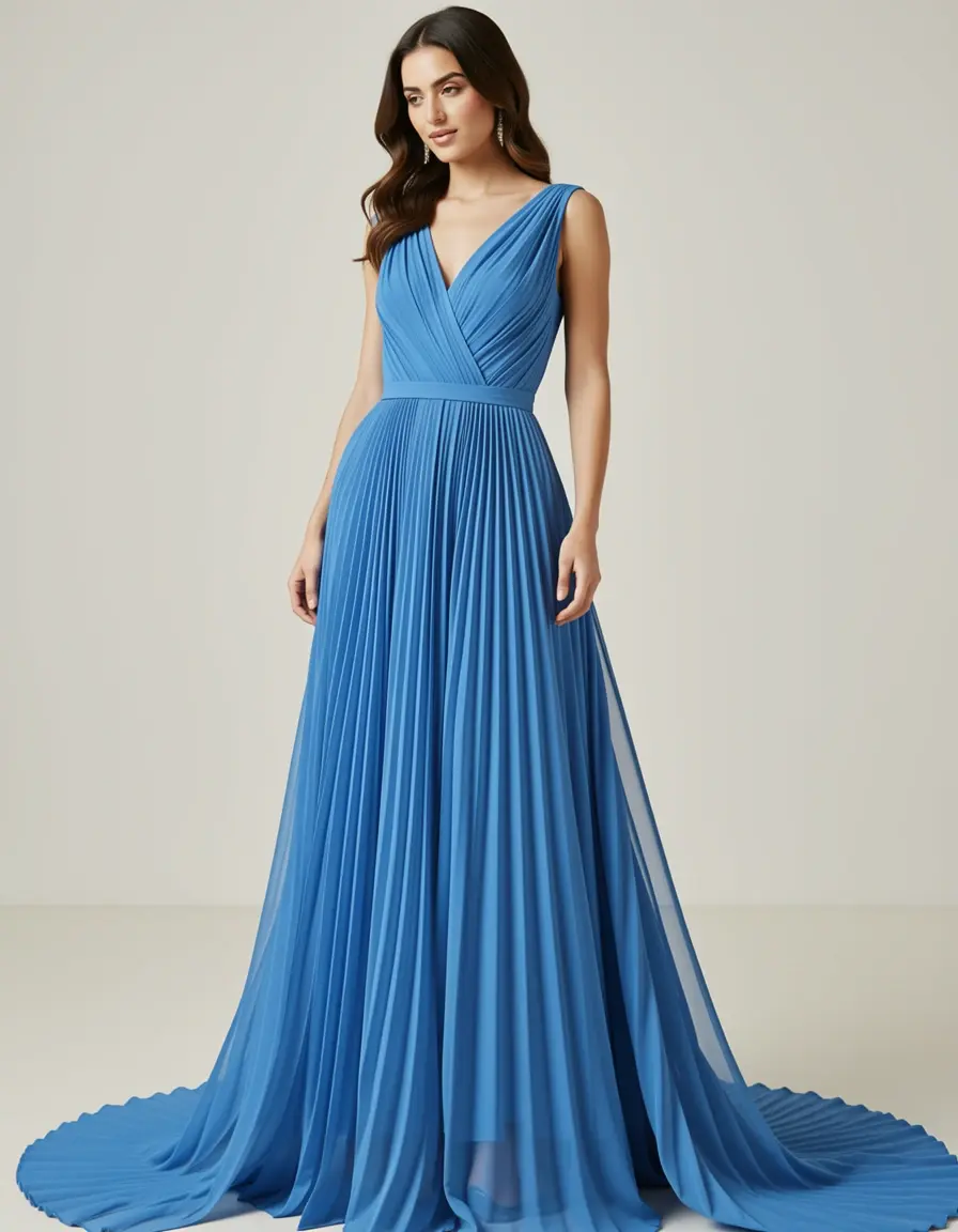 Chiffon Pleated Dress - Vestito blu plissettato