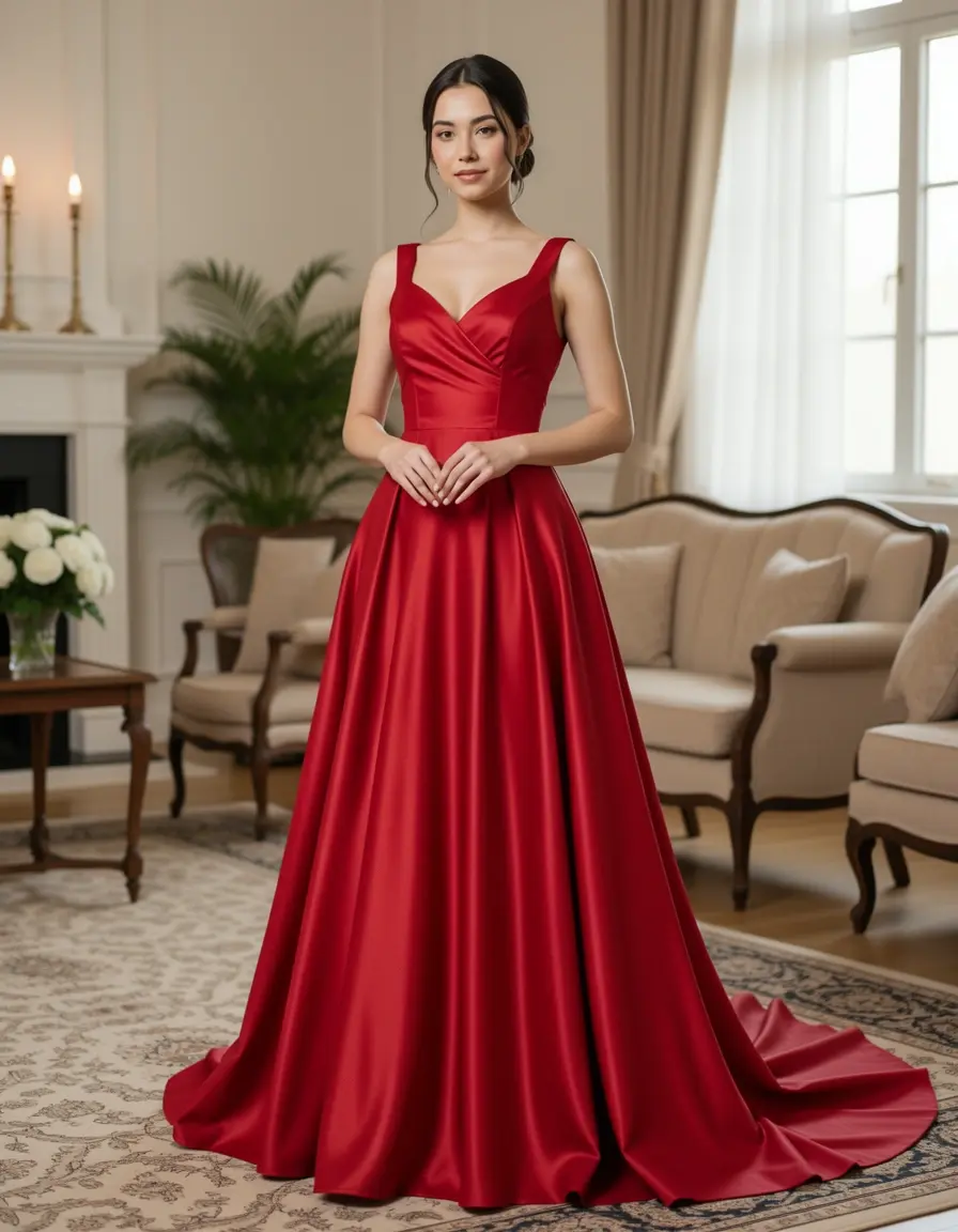Satin Wrap Elegant Dress - Vestito a portafoglio in raso rosso