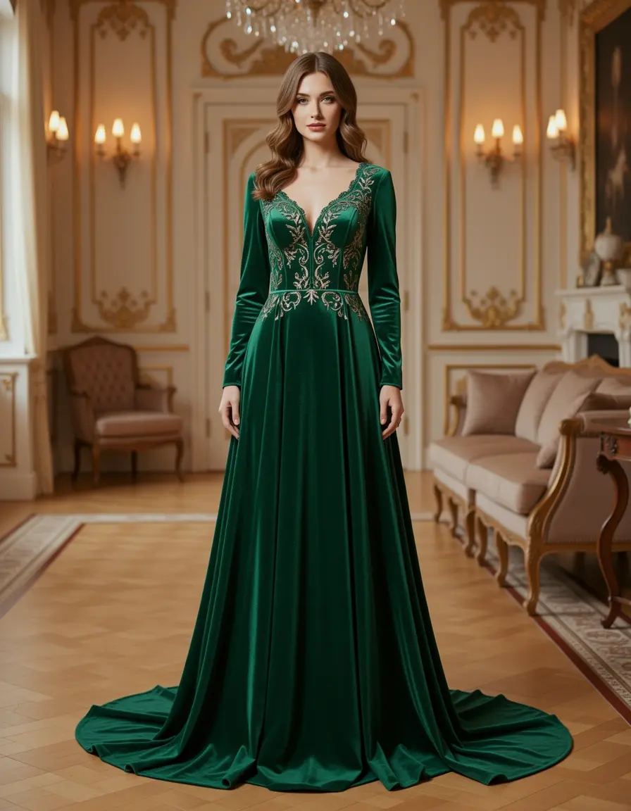 Velvet Long Dress - Vestito lungo in velluto verde