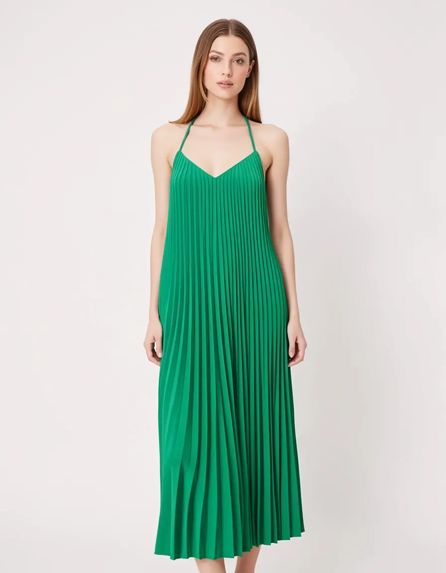 Midi dress plissettato in maglina verde