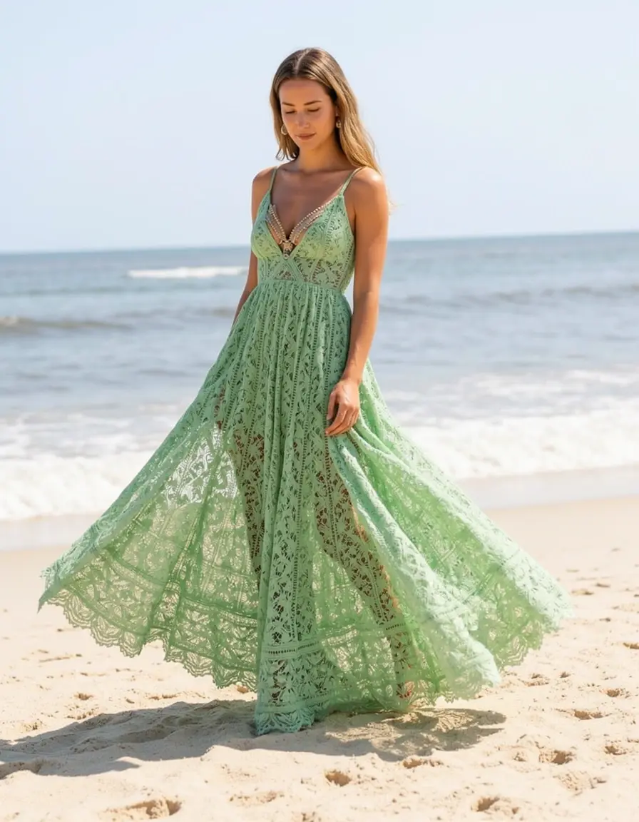 Green Lace Boho Dress verde bosco