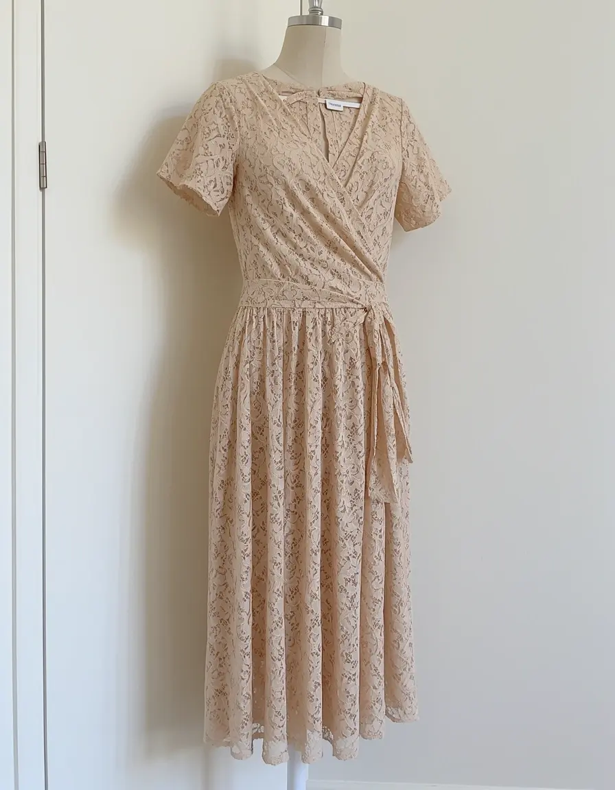 Beige Lace Wrap Dress versatile nudo
